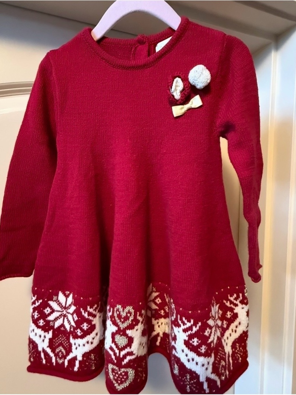 Vtg. Girls Polly Finders Sz 24 months,Red Holiday Knit Dress with Winter Motif